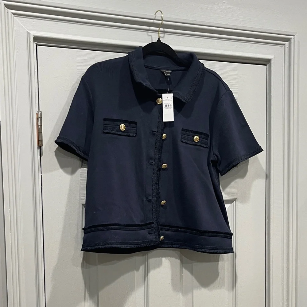 Ann Taylor Dark Blue Button-Down Shirt with Gold Accents - Picture 1 of 4